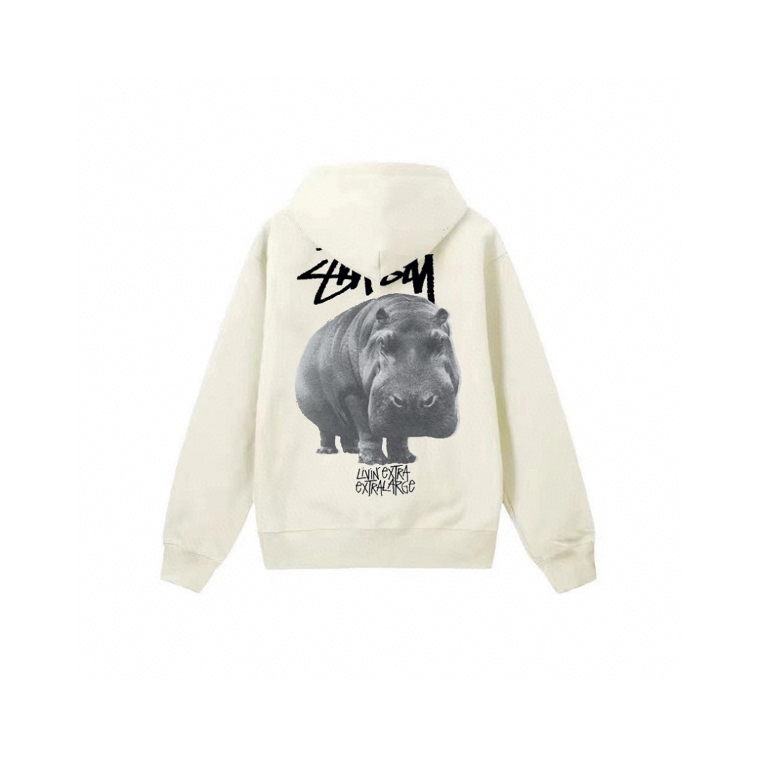 Stussy 斯图西 河马图案字母logo印花拉链连帽卫衣 长袖 米色 黑色 深蓝色 白色 灰色 
