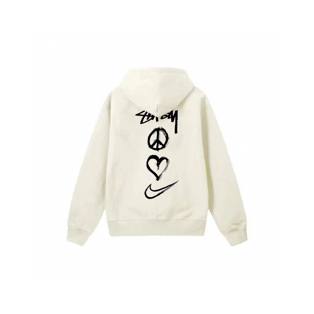 Stussy 斯图西 Nike 联名款 爱心字母黑台球图案字母logo印花拉链连帽卫衣 长袖 米色 黑色 深蓝色 白色 灰色 