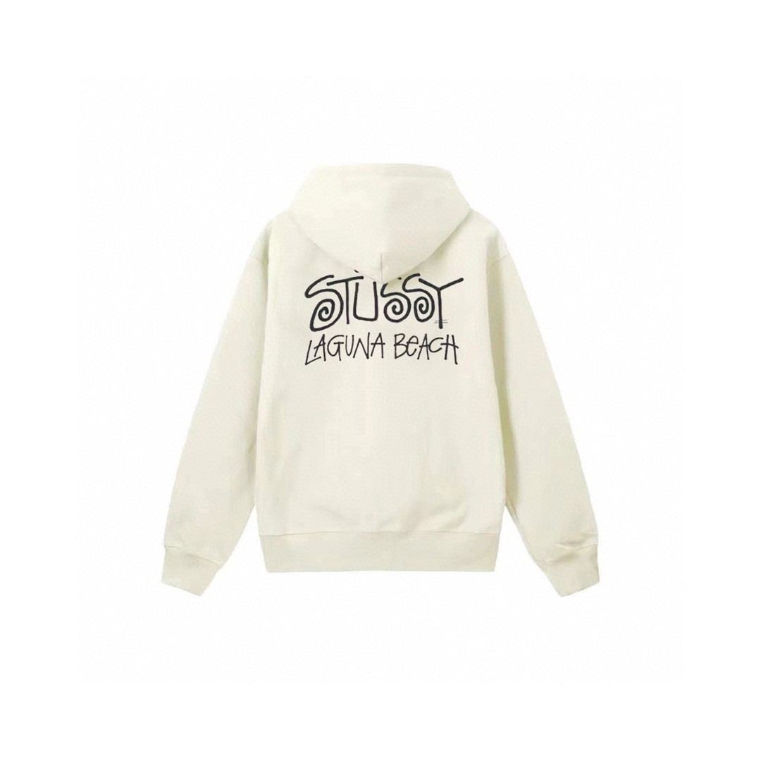 Stussy 斯图西 拉古纳海滩草写字母logo印花拉链连帽卫衣 长袖 米色 黑色 深蓝色 白色 灰色 