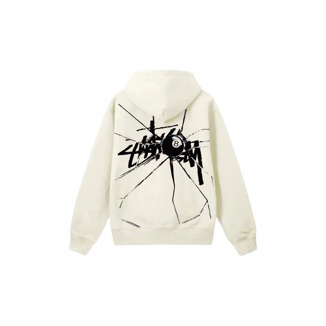 Stussy 斯图西 破碎黑8字母logo印花拉链连帽卫衣 长袖 米色 黑色 深蓝色 白色 灰色 