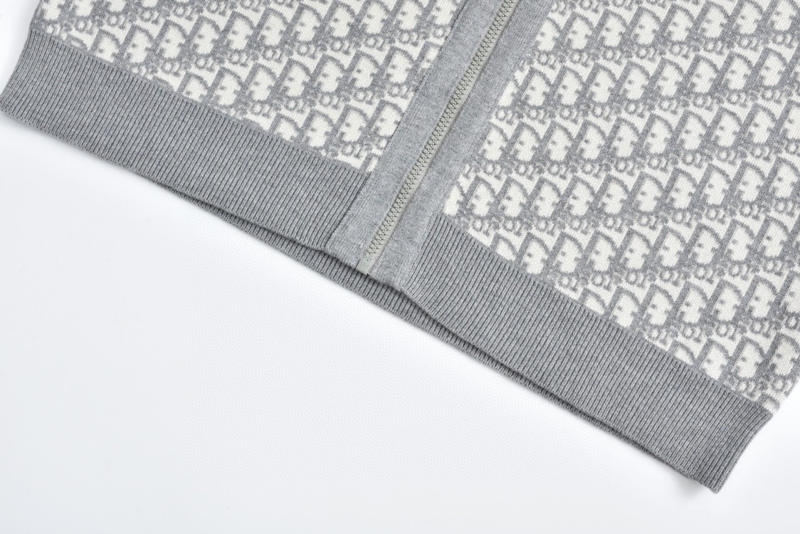 DIOR 迪奥 双面两穿提花满印羊绒连帽针织衫 毛衣 外套 长袖 灰色 054G12AM055-X8270