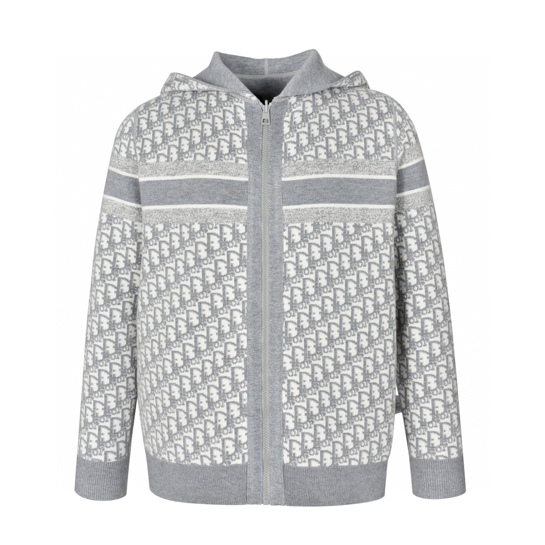 DIOR 迪奥 双面两穿提花满印羊绒连帽针织衫 毛衣 外套 长袖 灰色 054G12AM055-X8270