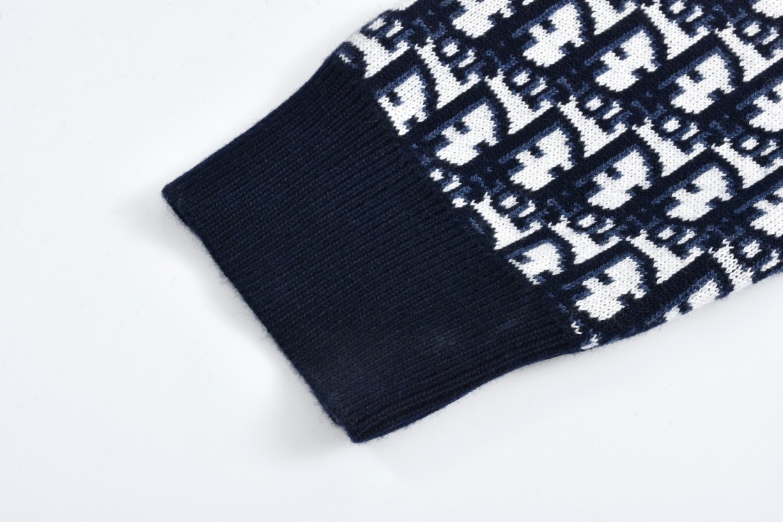 DIOR 迪奥 双面两穿提花满印羊绒连帽针织衫 毛衣 外套 长袖 海军蓝 054G12AM055-X5820