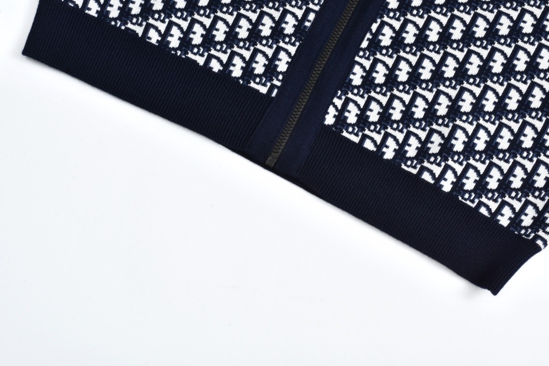 DIOR 迪奥 双面两穿提花满印羊绒连帽针织衫 毛衣 外套 长袖 海军蓝 054G12AM055-X5820