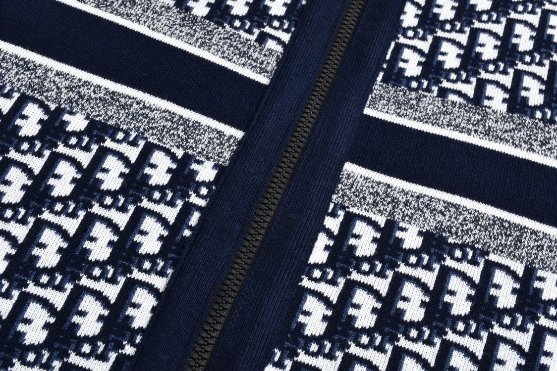 DIOR 迪奥 双面两穿提花满印羊绒连帽针织衫 毛衣 外套 长袖 海军蓝 054G12AM055-X5820