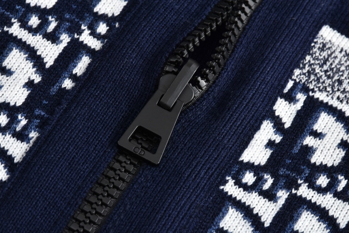 DIOR 迪奥 双面两穿提花满印羊绒连帽针织衫 毛衣 外套 长袖 海军蓝 054G12AM055-X5820