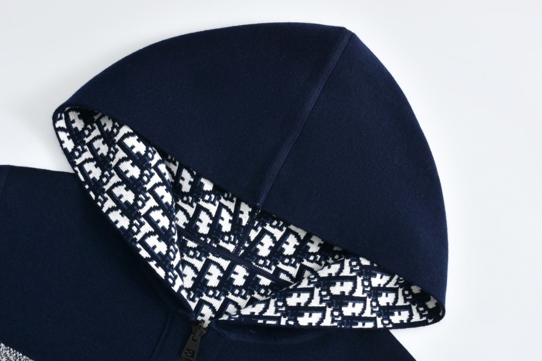 DIOR 迪奥 双面两穿提花满印羊绒连帽针织衫 毛衣 外套 长袖 海军蓝 054G12AM055-X5820