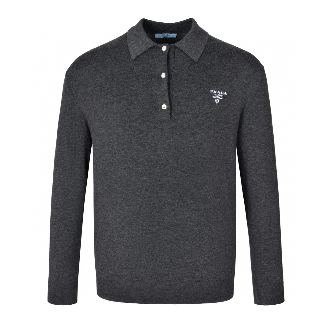 PRADA 普拉达 提花字母logo小标polo领毛衣 长袖 灰色 黑色 P24G2O-15EY-F0480-S-OOO