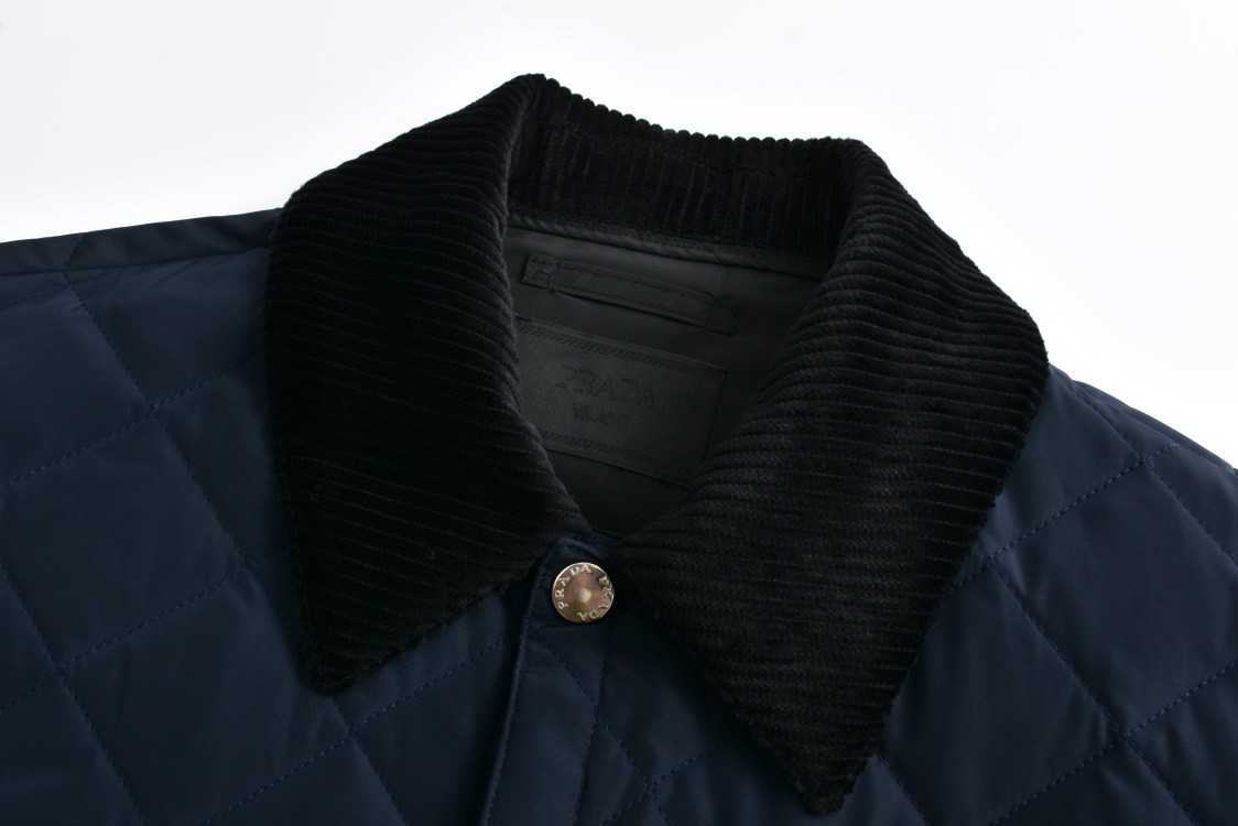 PRADA 普拉达 拼色灯芯绒徽标菱格棉服 夹克 外套 深蓝色 