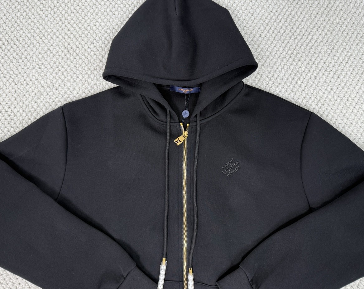 LOUIS VUITTON 路易威登 刺绣字母logo珍珠抽绳拉链连帽卫衣 外套 长袖 黑色 1AFJGD