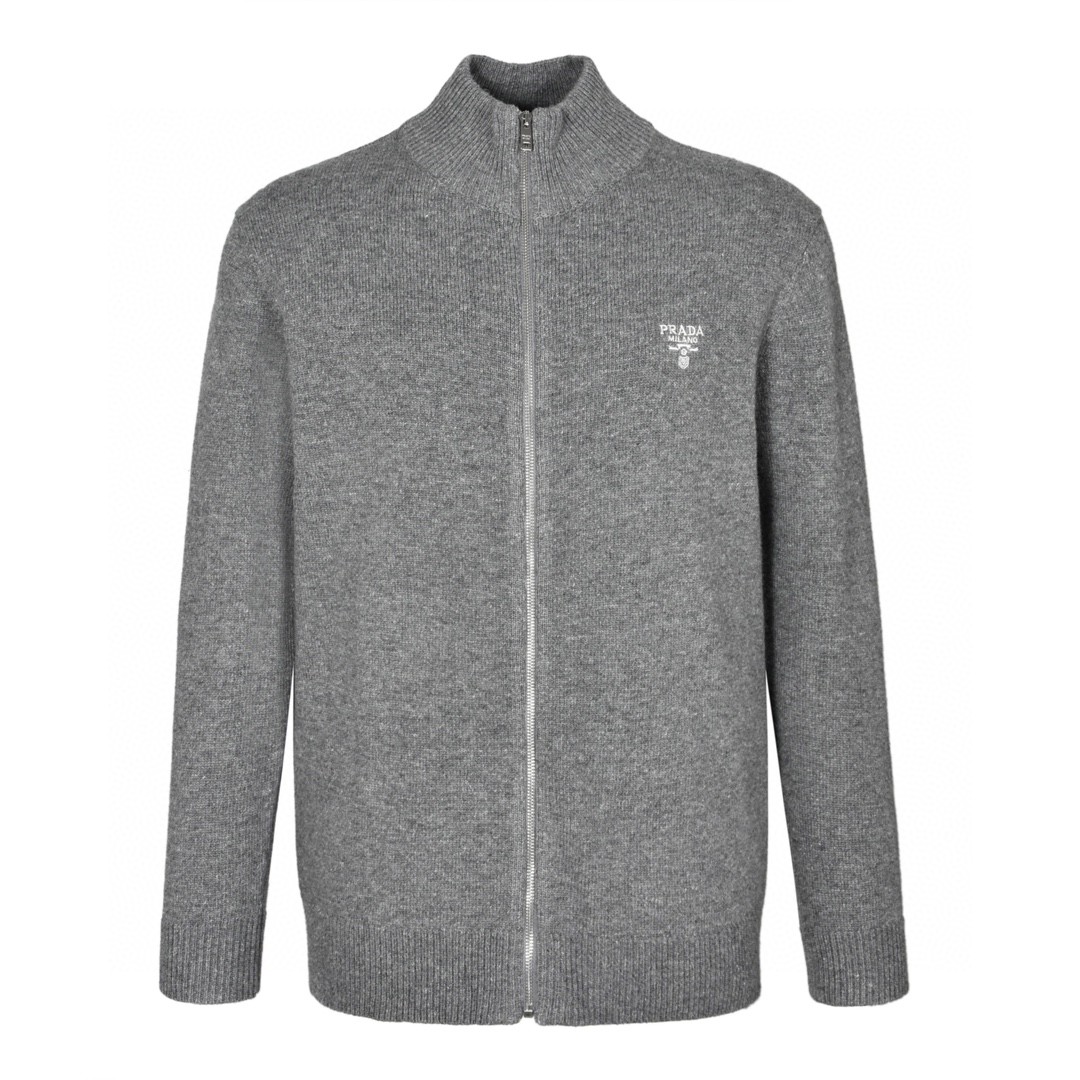 PRADA 普拉达 徽标羊绒拉链立领开衫 毛衣 外套 长袖 黑色 灰色 UMG245-11LM-F0002-S-232