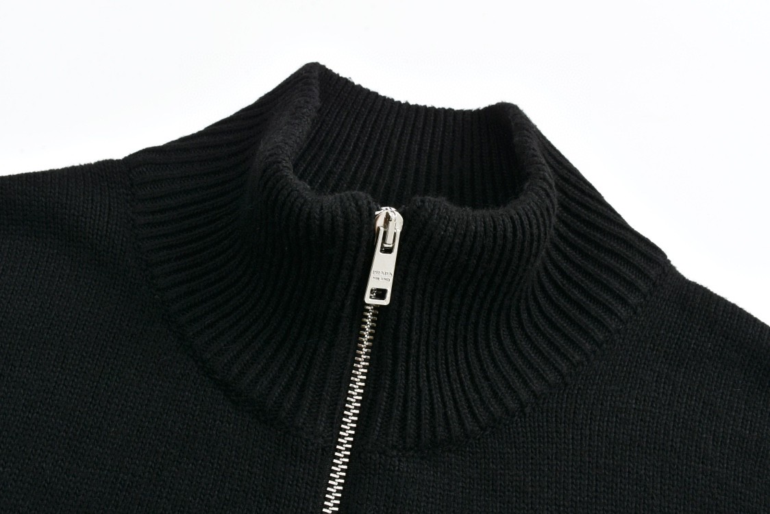 PRADA 普拉达 徽标羊绒拉链立领开衫 毛衣 外套 长袖 黑色 灰色 UMG245-11LM-F0002-S-232