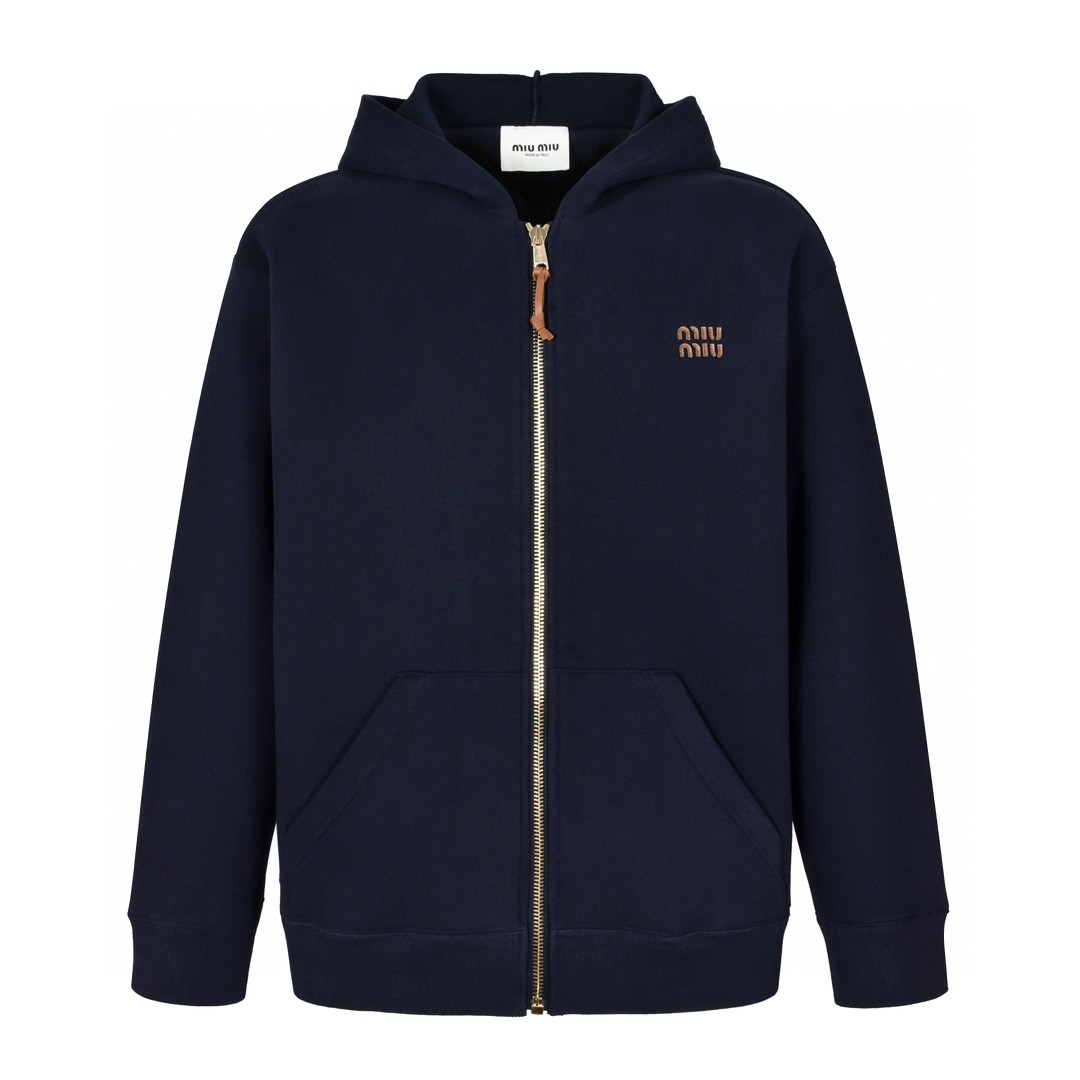 MIU MIU 缪缪 皮标字母logo拉链连帽卫衣 长袖 外套 蓝色 ML1064-15EG-F0008-S-OOO