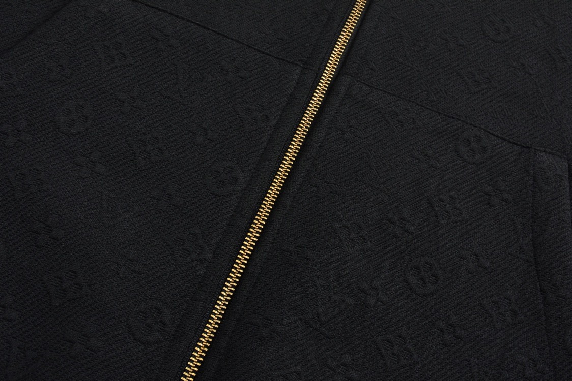 LOUIS VUITTON 路易威登 暗纹字母logo提花抽绳拉链连帽卫衣 外套 长袖 黑色 