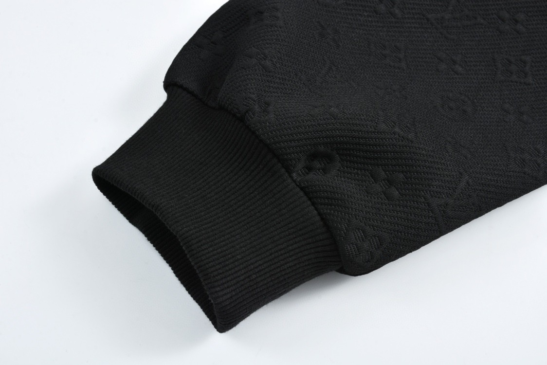 LOUIS VUITTON 路易威登 暗纹字母logo提花抽绳拉链连帽卫衣 外套 长袖 黑色 