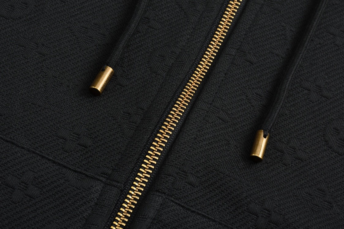 LOUIS VUITTON 路易威登 暗纹字母logo提花抽绳拉链连帽卫衣 外套 长袖 黑色 