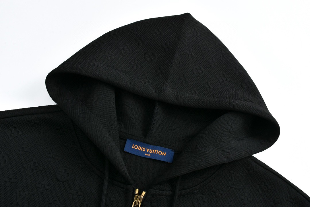 LOUIS VUITTON 路易威登 暗纹字母logo提花抽绳拉链连帽卫衣 外套 长袖 黑色 