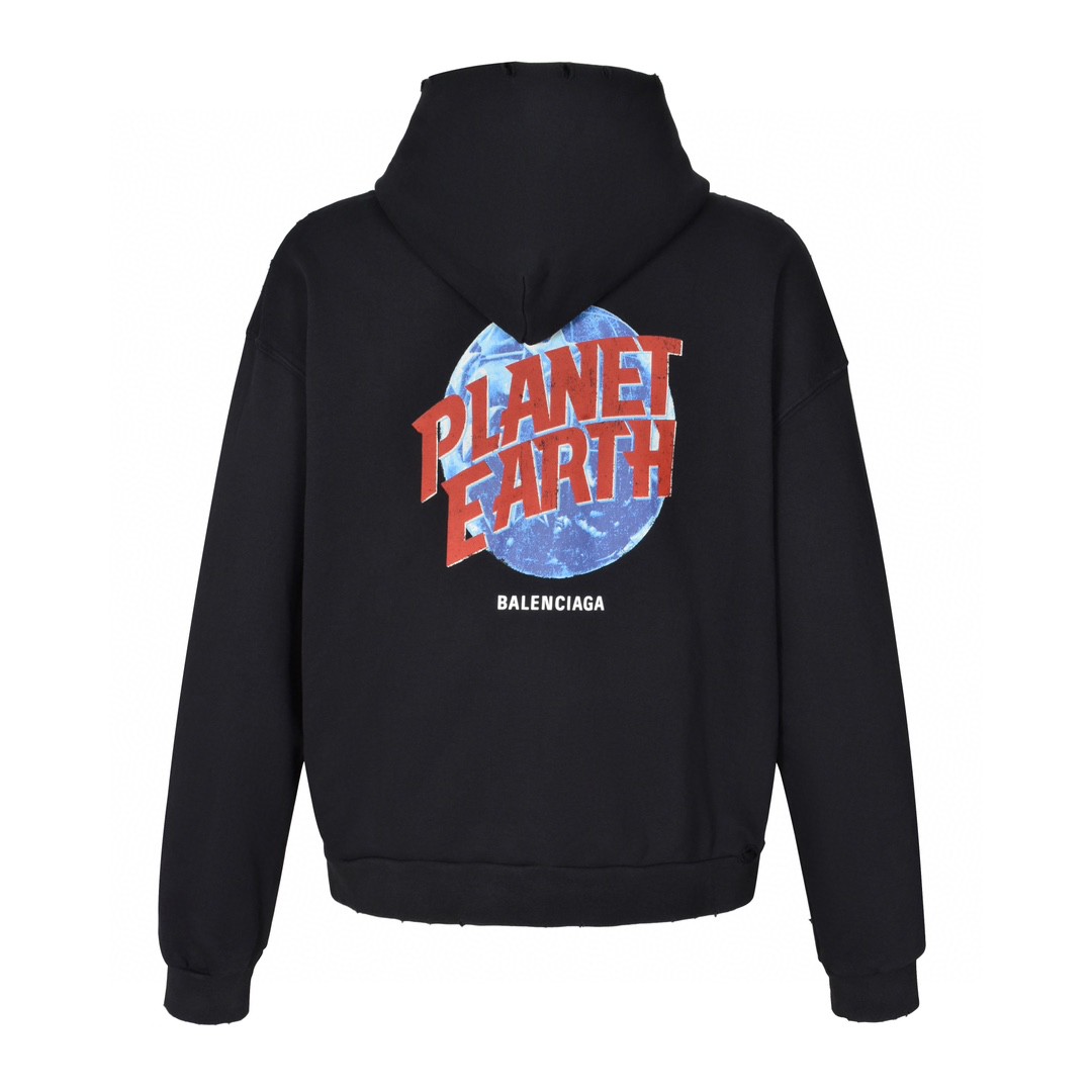 Balenciaga 巴黎世家 水洗做旧地球logo印花拉链连帽卫衣 外套 长袖 秋冬 黑色 803264TRVD11055
