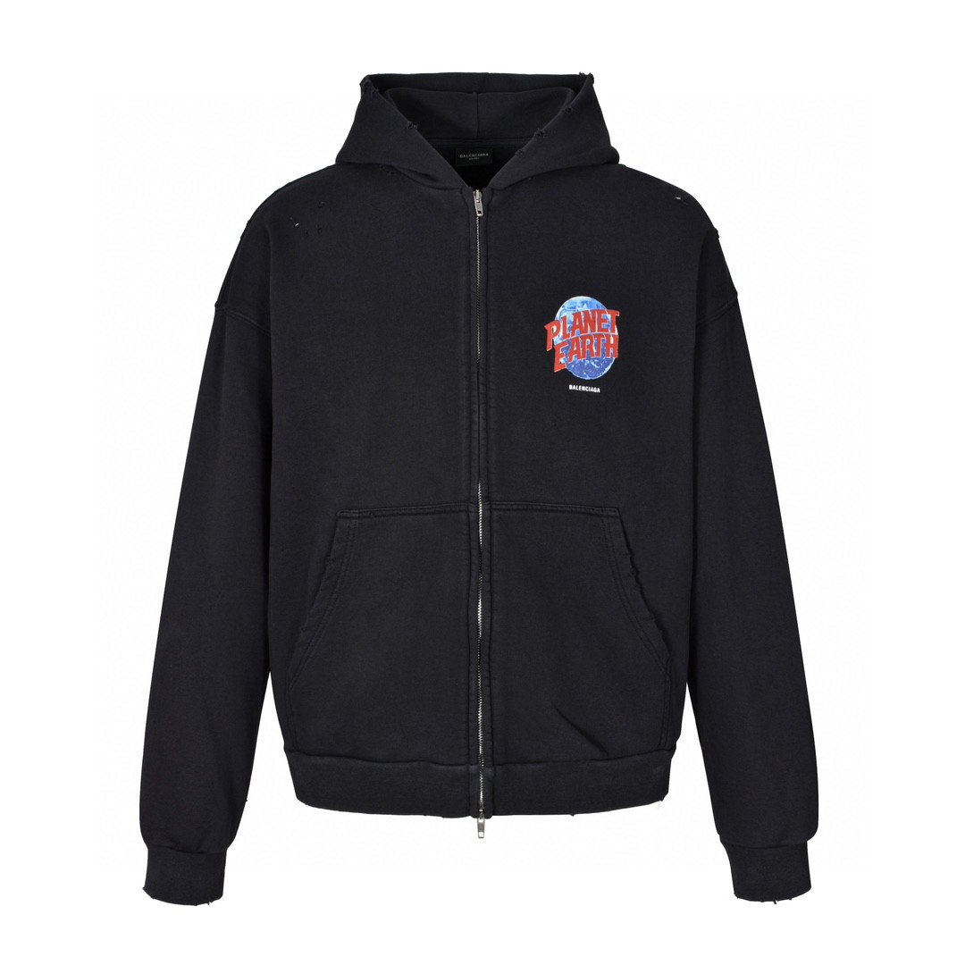 Balenciaga 巴黎世家 水洗做旧地球logo印花拉链连帽卫衣 外套 长袖 秋冬 黑色 803264TRVD11055