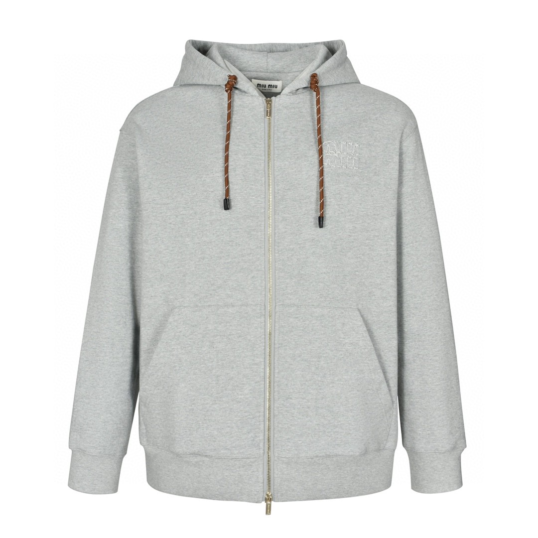 MIU MIU 缪缪 字母logo徽标抽绳拉链连帽卫衣 长袖 外套 灰色 MJL023-15AU-F0031-S-OOO