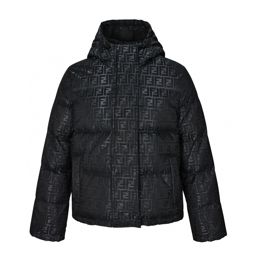 FENDI 芬迪 满印提花拉链连帽羽绒服 外套 长袖 保暖 黑色 FAN129AK9ZF0GME