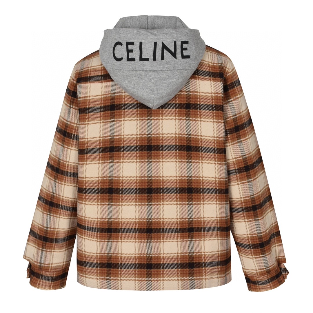 CELINE 赛琳 格子字母logo印花羊毛连帽衬衫棉服 外套 长袖 2W68A089L-19OG