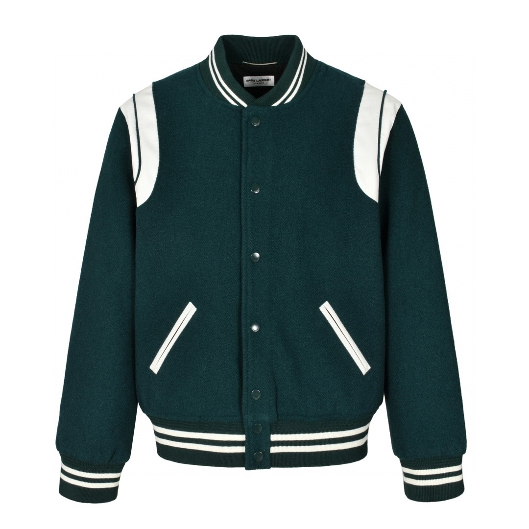 SAINT LAURENT 圣罗兰 经典元年羊毛拼皮棒球服 夹克 外套 秋冬款 绿色 354718Y213Q4420