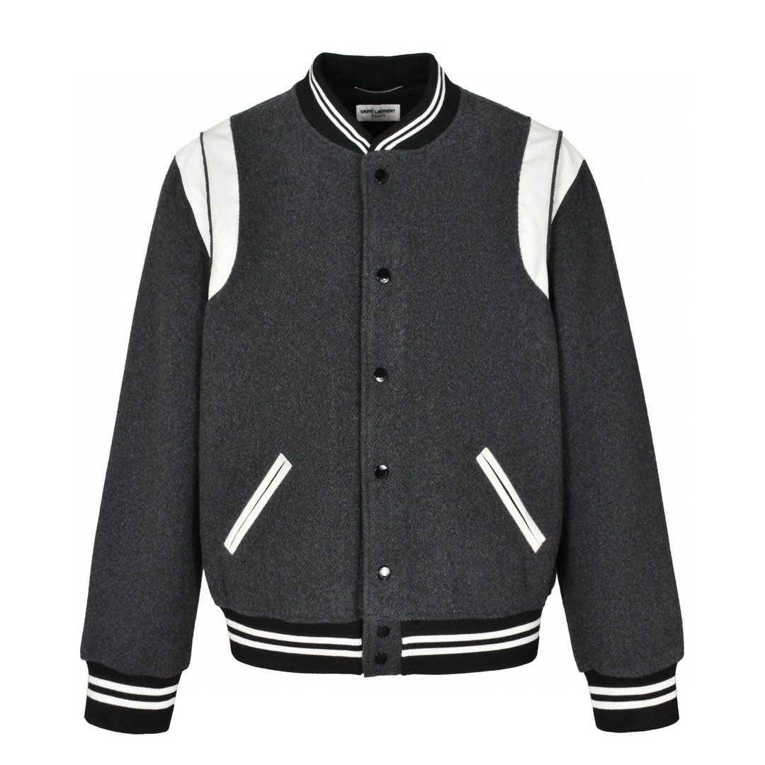 SAINT LAURENT 圣罗兰 经典元年羊毛拼皮棒球服 夹克 外套 秋冬款 灰色