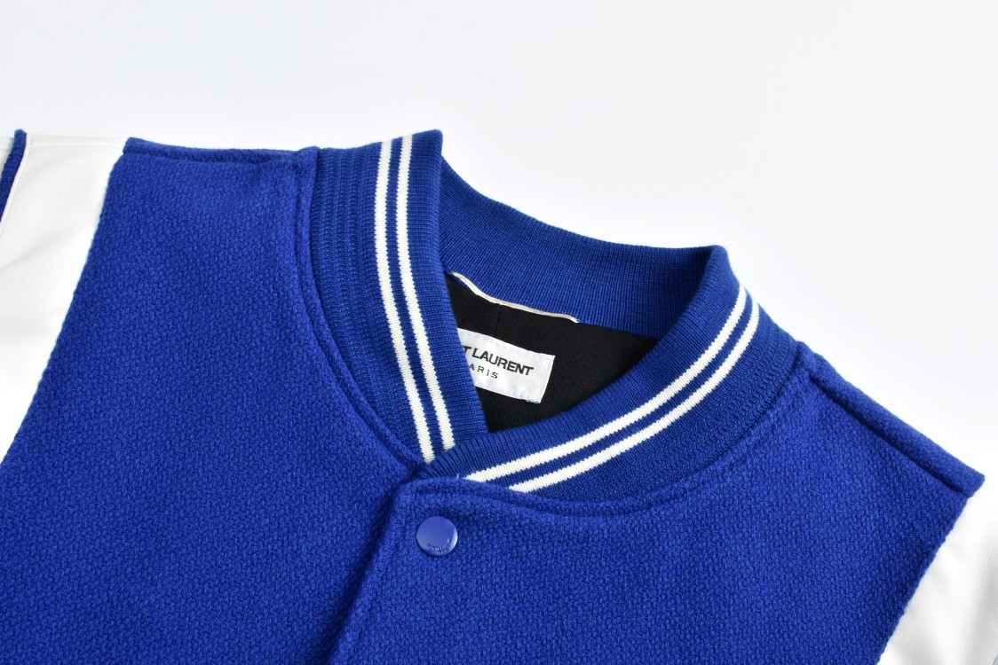 SAINT LAURENT 圣罗兰 经典元年羊毛拼皮棒球服 夹克 外套 秋冬款 蓝色 354718Y180W4011