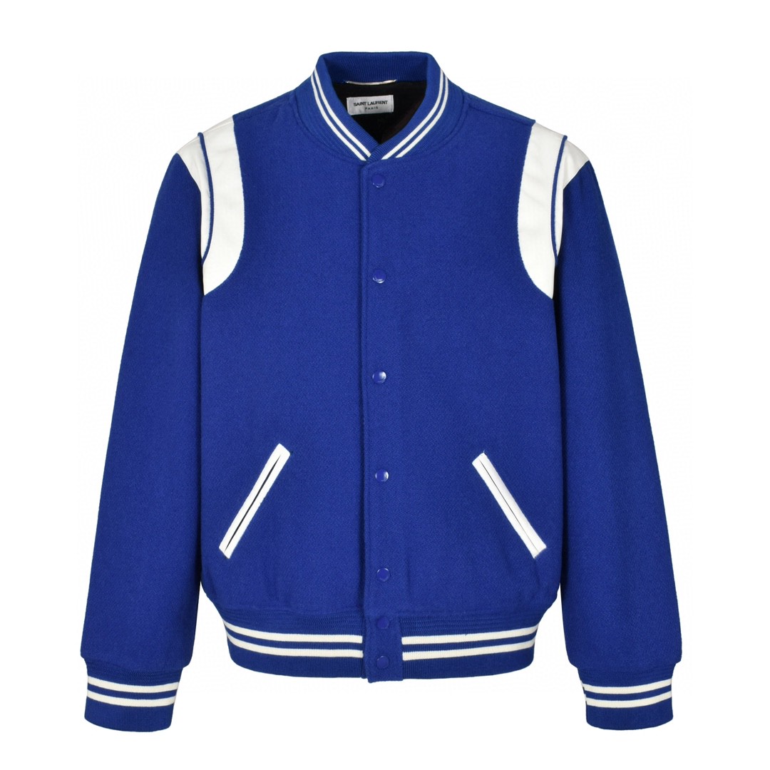 SAINT LAURENT 圣罗兰 经典元年羊毛拼皮棒球服 夹克 外套 秋冬款 蓝色 354718Y180W4011
