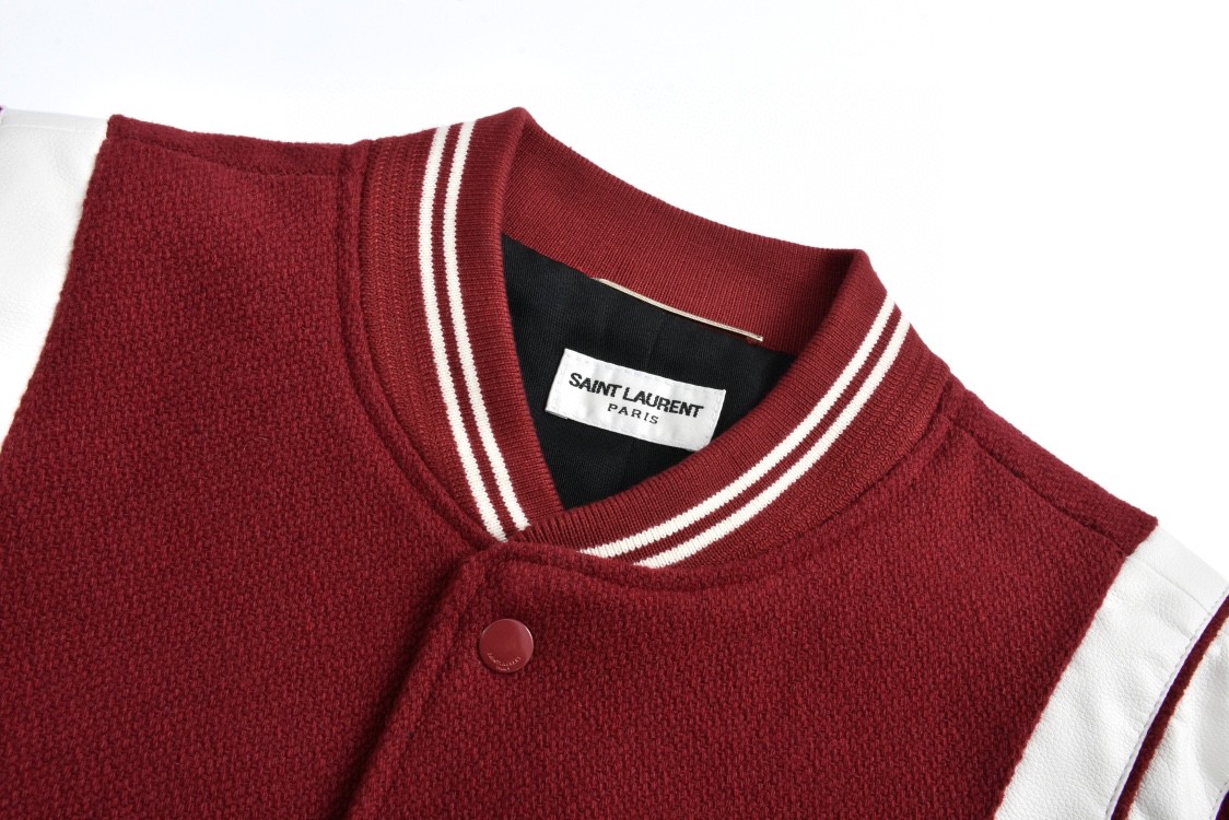 SAINT LAURENT 圣罗兰 经典元年羊毛拼皮棒球服 夹克 外套 秋冬款 暗红色 354718Y180W5504