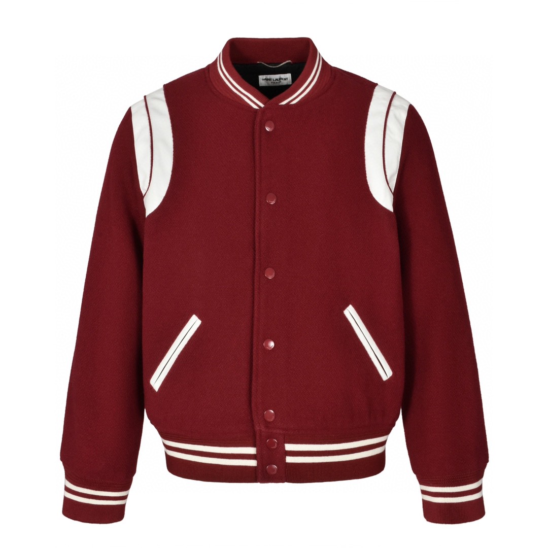 SAINT LAURENT 圣罗兰 经典元年羊毛拼皮棒球服 夹克 外套 秋冬款 暗红色 354718Y180W5504