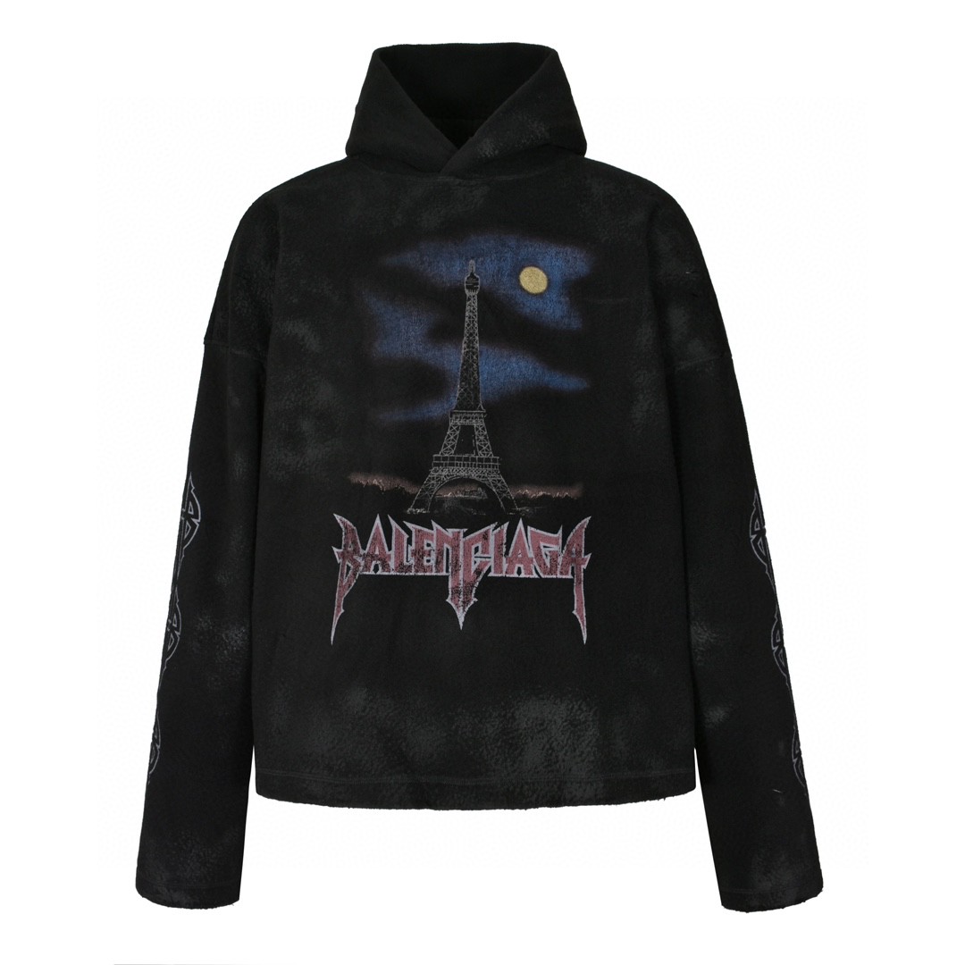 Balenciaga 巴黎世家 巴黎铁塔字母logo羊羔毛连帽卫衣 外套 长袖 黑色 744435TOVJ4-1000