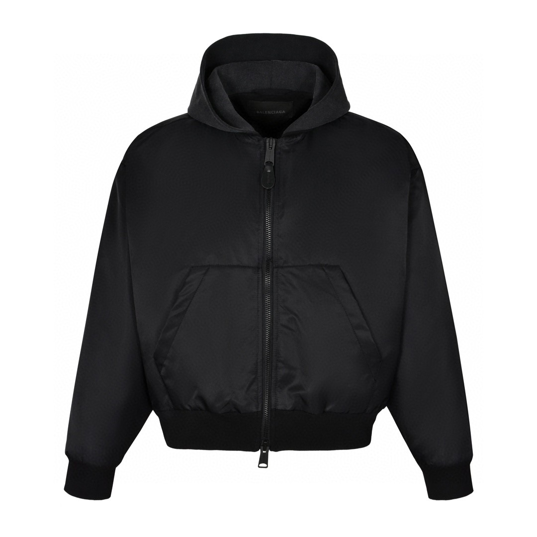 Balenciaga 巴黎世家 刺绣双环字母logo拉链连帽棉服 夹克 外套 长袖 黑色