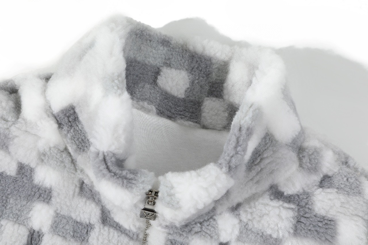 LOUIS VUITTON 路易威登 SKI滑雪系列 方块马赛克泰迪拉链立领夹克 外套 长袖 灰白色 1AGK14