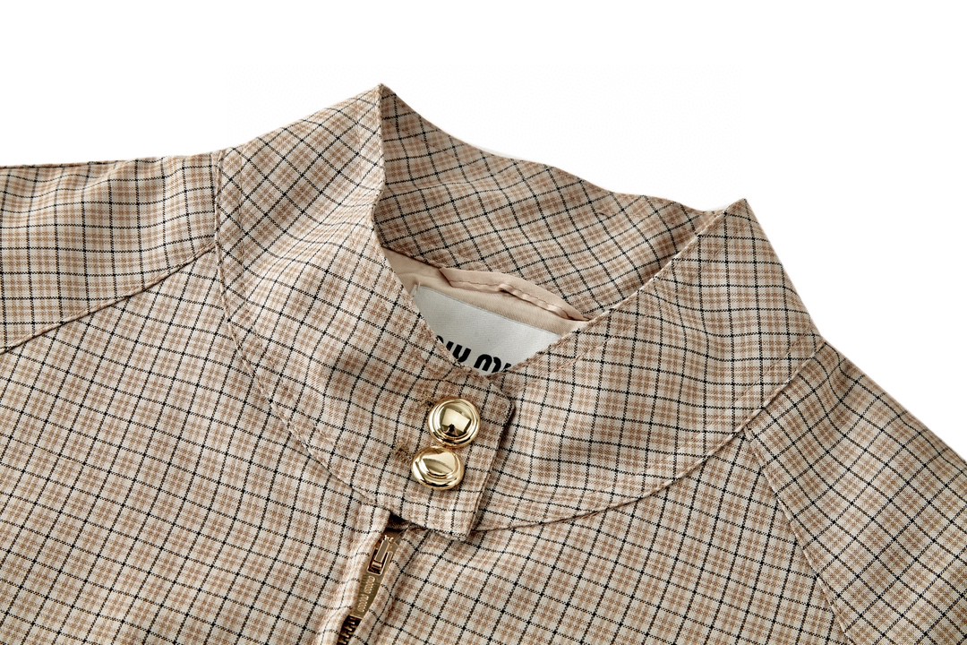 MIU MIU 缪缪 格纹字母logo徽标拉链夹克 外套 长袖 石灰岩色 ML943-14Q8-F0F6H-S-232