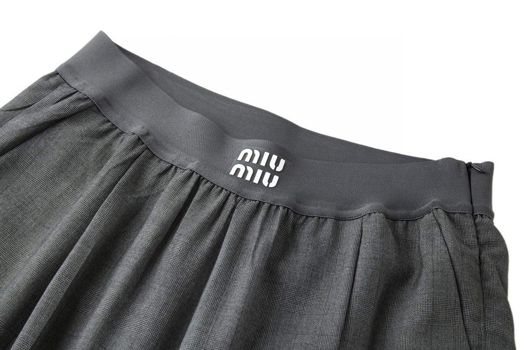 MIU MIU 格纹字母logo徽标羊毛休闲裤 阔腿裤 长裤 裤子 灰色 MP1702-15PO-F0480