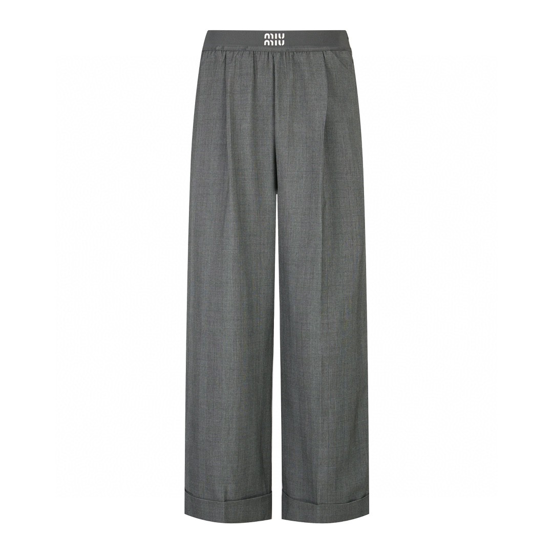 MIU MIU 格纹字母logo徽标羊毛休闲裤 阔腿裤 长裤 裤子 灰色 MP1702-15PO-F0480