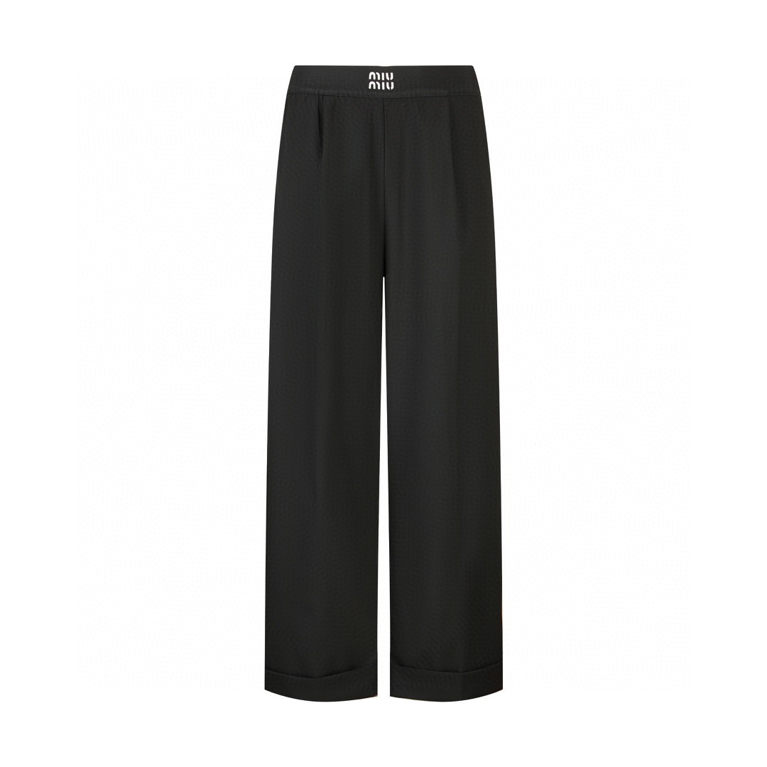 MIU MIU 纯色字母logo徽标羊毛松紧腰休闲裤 长裤 裤子 黑色 MP1702-1R1-F0002-S-232