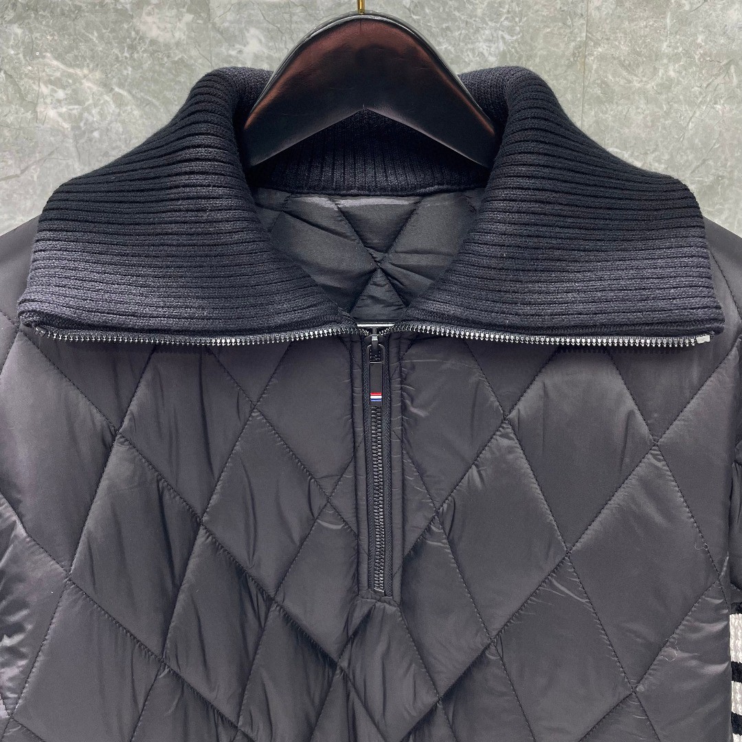 THOM BROWNE 白色四条杠拉链翻领棉服 外套 夹克 长袖 灰色 黑色