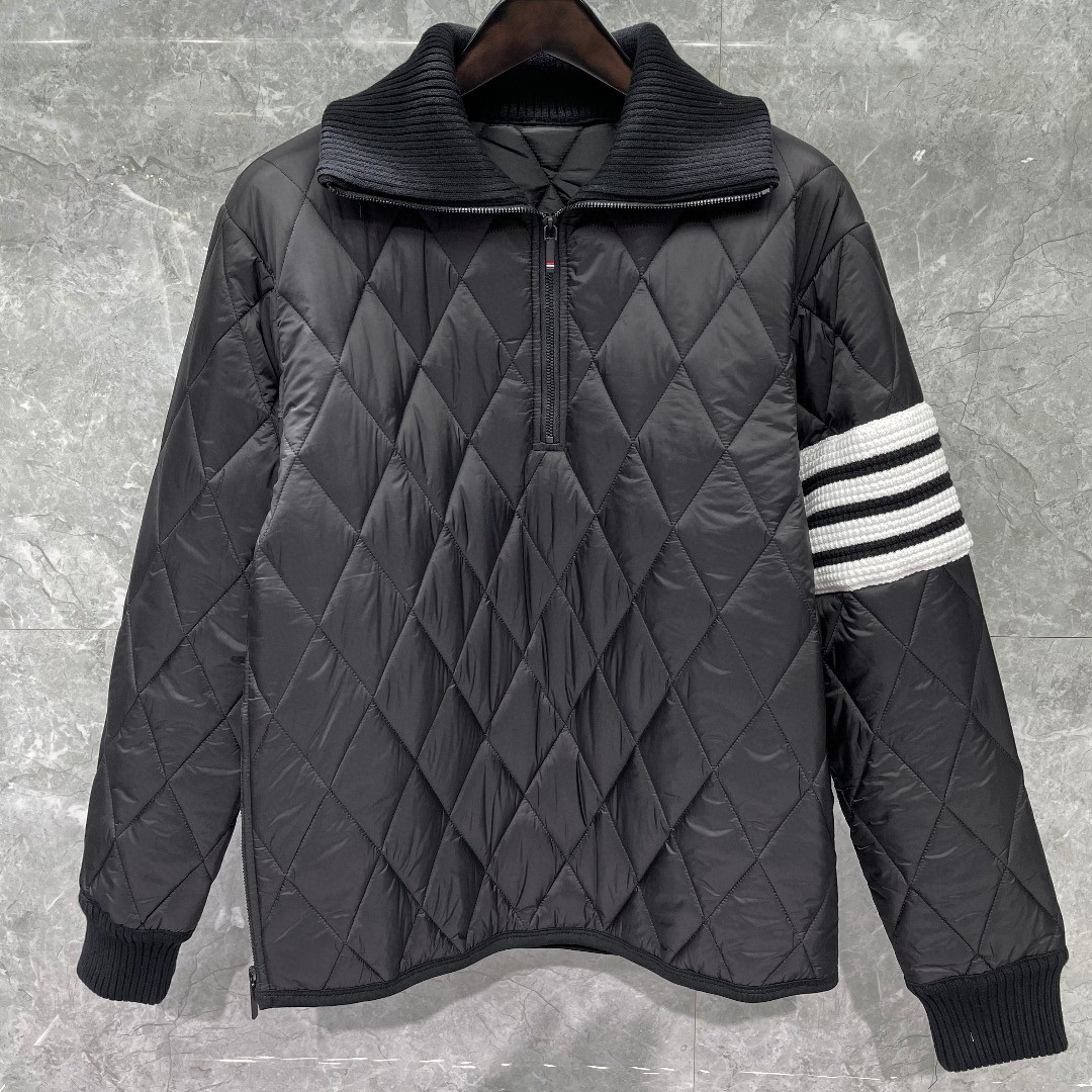 THOM BROWNE 白色四条杠拉链翻领棉服 外套 夹克 长袖 灰色 黑色