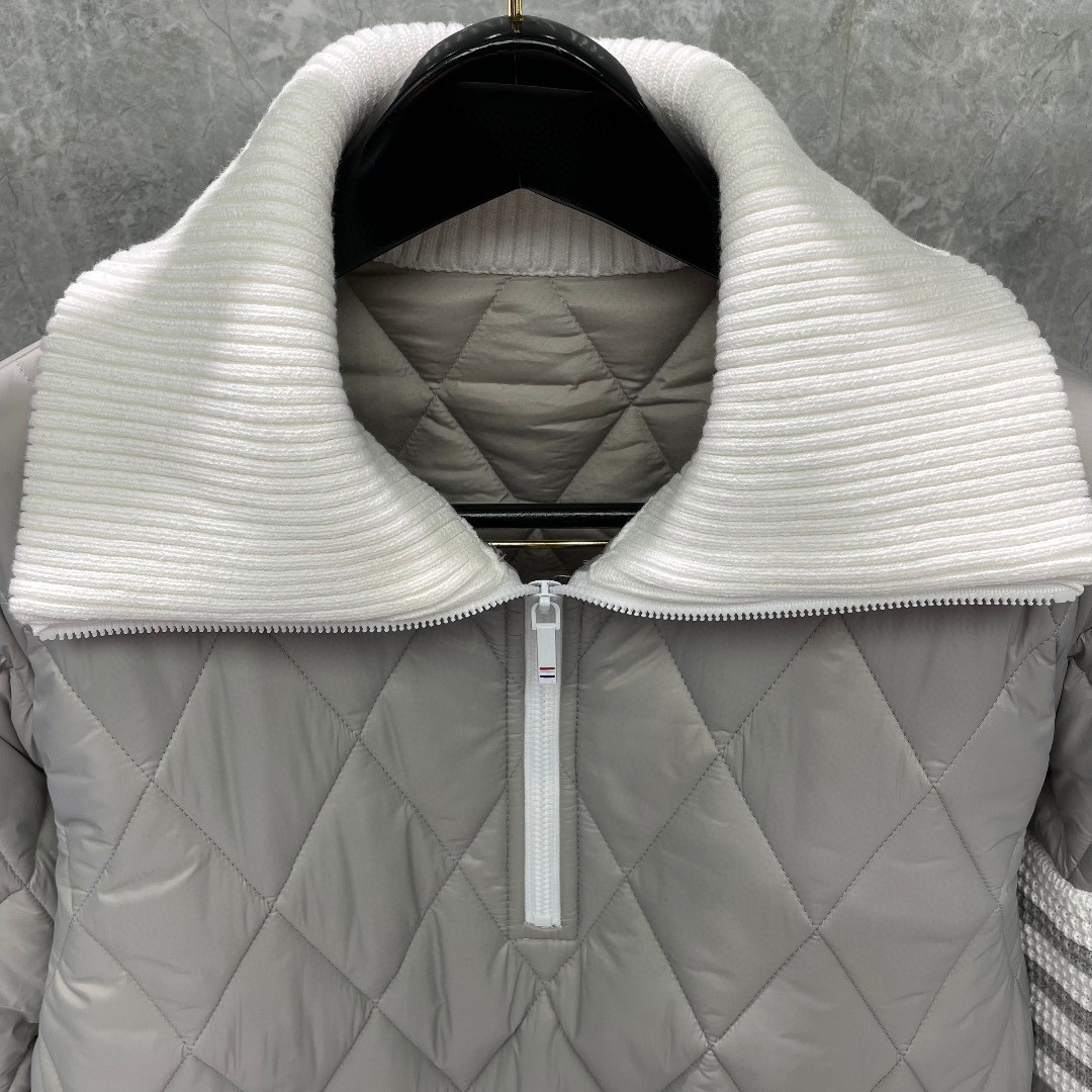 THOM BROWNE 白色四条杠拉链翻领棉服 外套 夹克 长袖 灰色 黑色