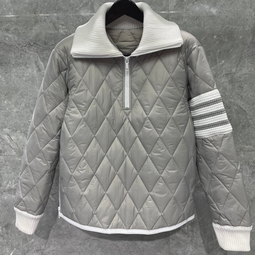 THOM BROWNE 白色四条杠拉链翻领棉服 外套 夹克 长袖 灰色 黑色