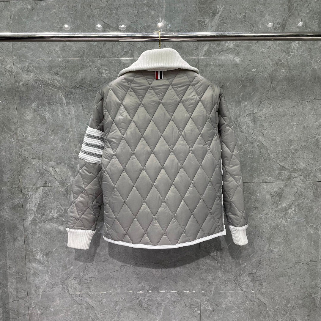 THOM BROWNE 白色四条杠拉链翻领棉服 外套 夹克 长袖 灰色 黑色