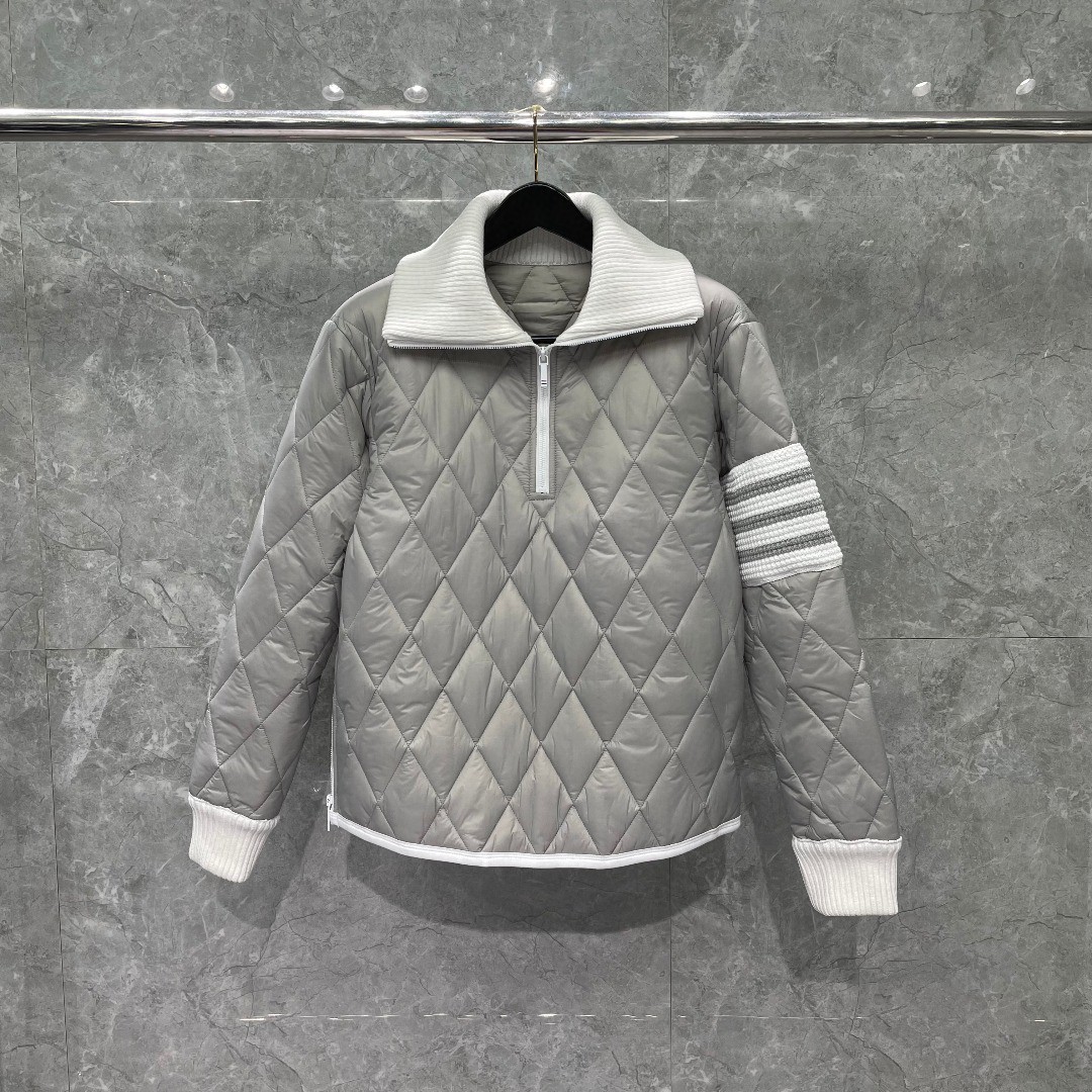 THOM BROWNE 白色四条杠拉链翻领棉服 外套 夹克 长袖 灰色 黑色