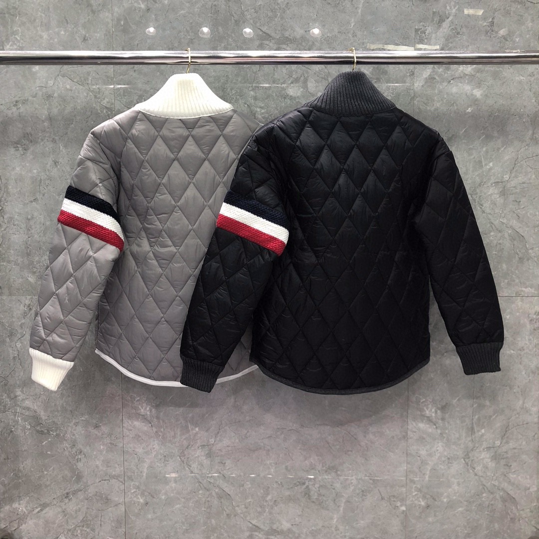 THOM BROWNE 彩色三条杠高领菱格纹棉服 外套 长袖 保暖 灰色 黑色