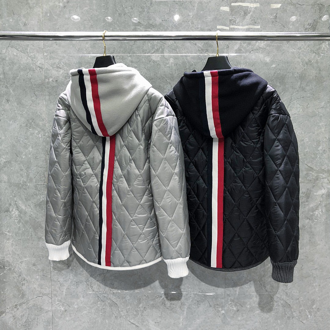 THOM BROWNE 背后织带拼接拉链连帽卫衣 棉服 外套 夹克 长袖 灰色 黑色