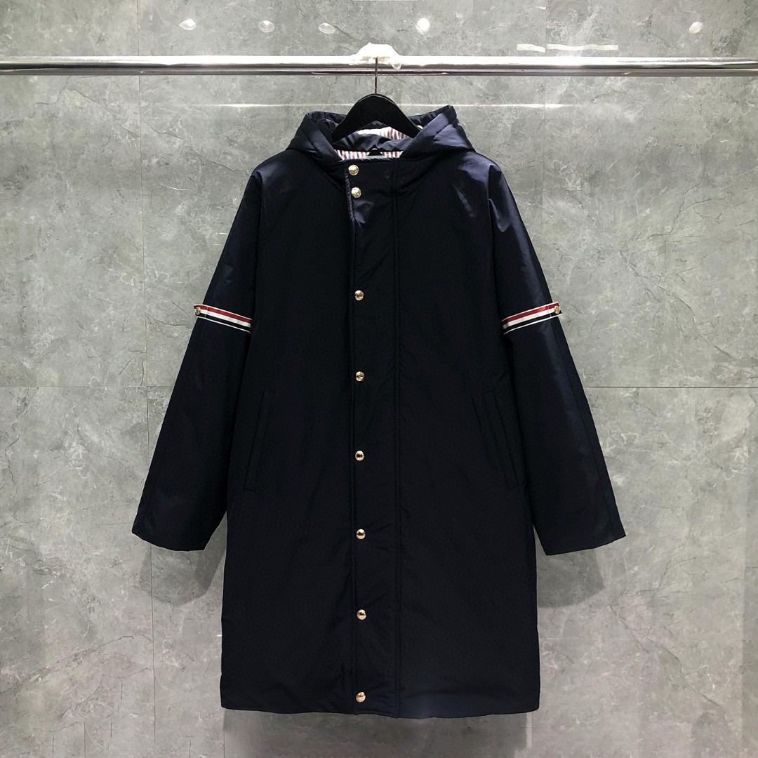 THOM BROWNE 双袖织带连帽拉链长款羽绒服 外套 夹克 长袖 藏青色 