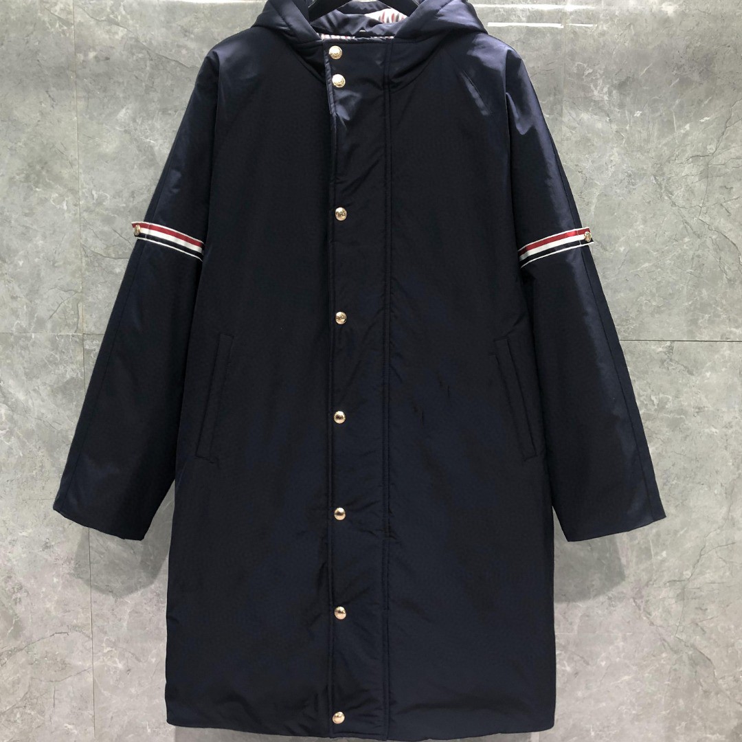 THOM BROWNE 双袖织带连帽拉链长款羽绒服 外套 夹克 长袖 藏青色 