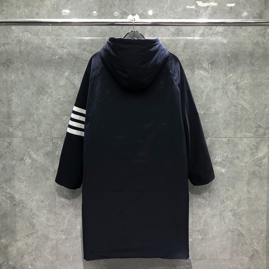 THOM BROWNE 白色四条杠连帽拉链长款羽绒服 外套 夹克 长袖 藏青色 灰色 07259670Navy